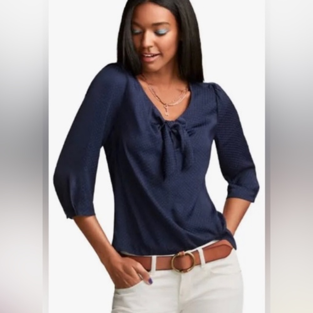 Cabi Blue tie knotted blouse navy swissdot #5525 size medium